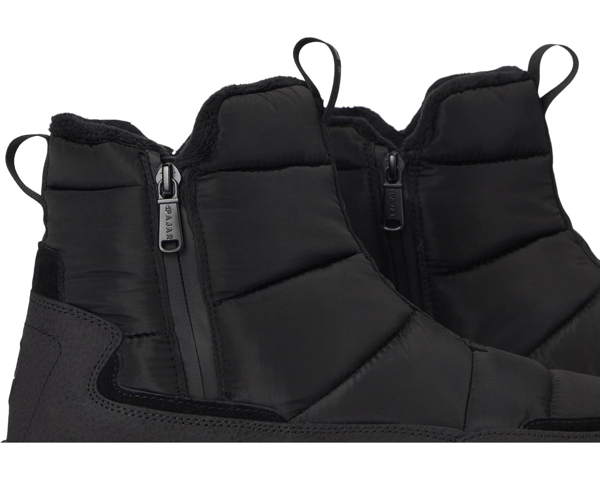 Black boot upper close-up with dual zippers and cushioned, insulated panels.