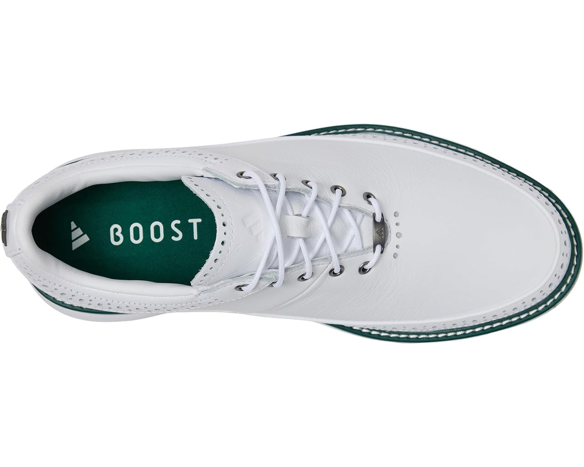 Unisex spikeless golf shoe with white upper and BOOST logo on green insole