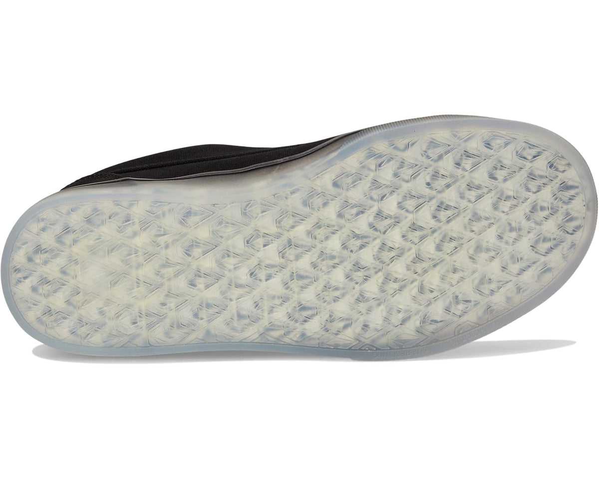 Black sneaker outsole with textured tread and light blue patterned grip