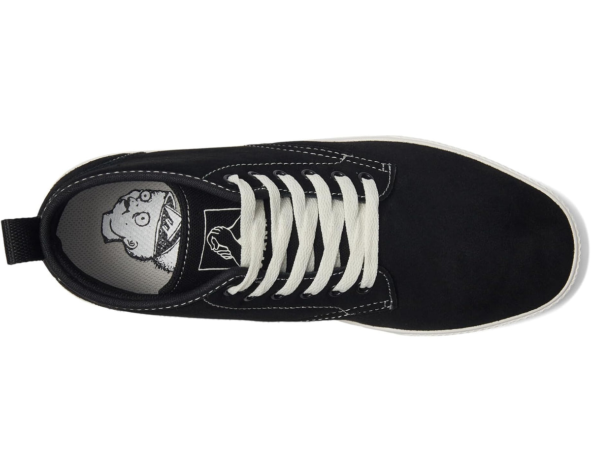 Men's black high-top sneaker showing inner lining graphic and white lace-up eyelets