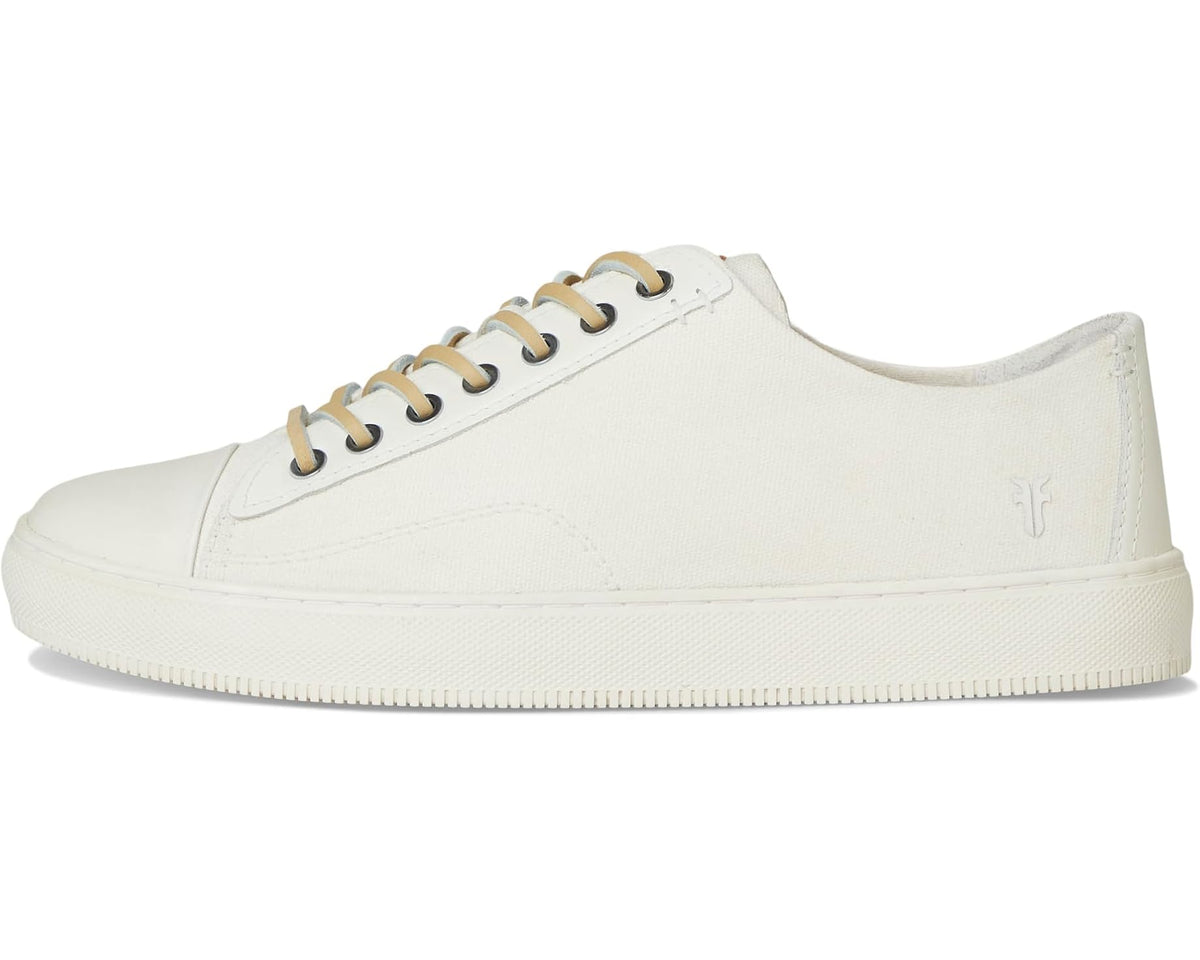 White low-top lace-up sneakers with stitched upper and small side emblem