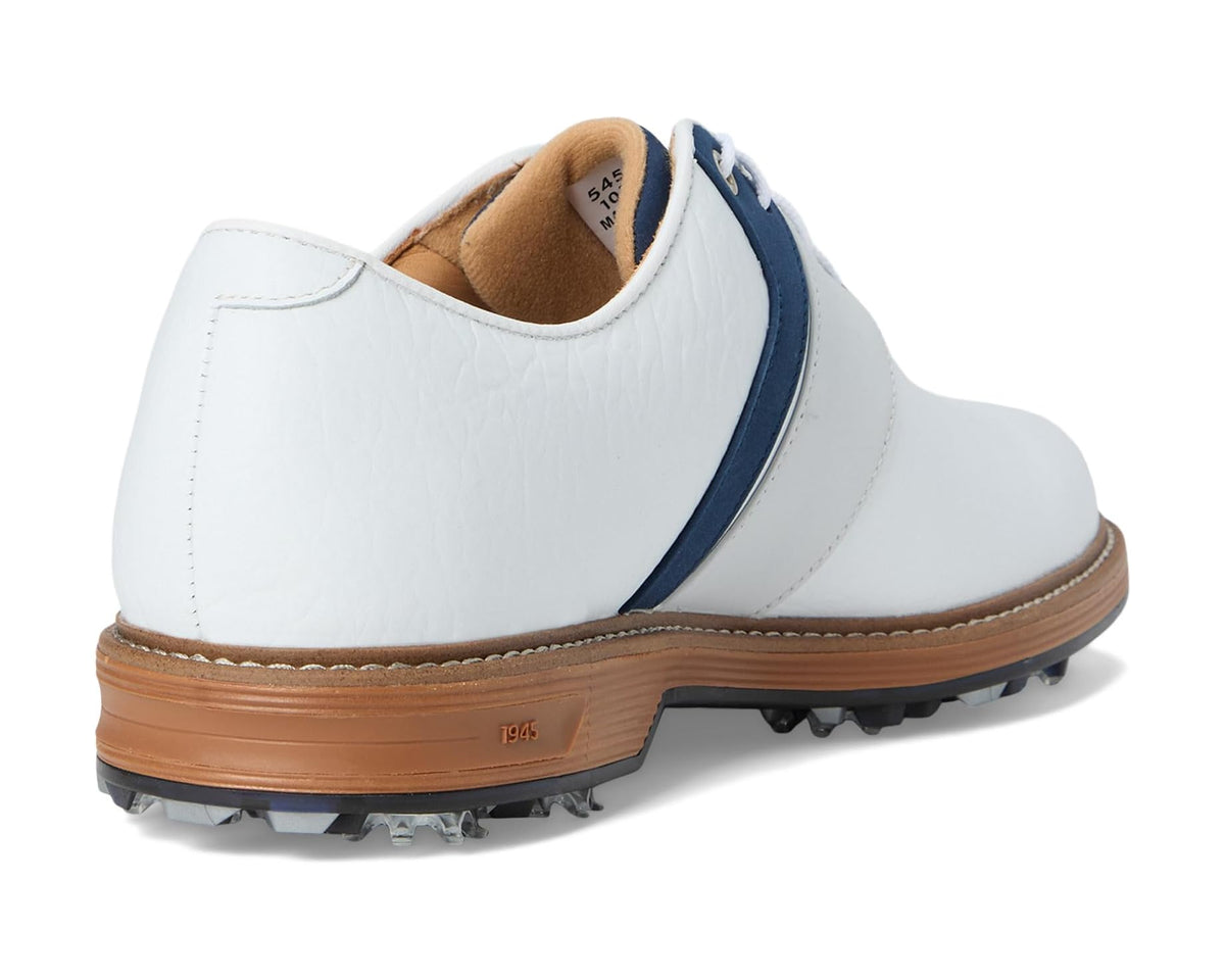 Men's FootJoy golf shoe heel, white leather with navy accent and brown traction sole.