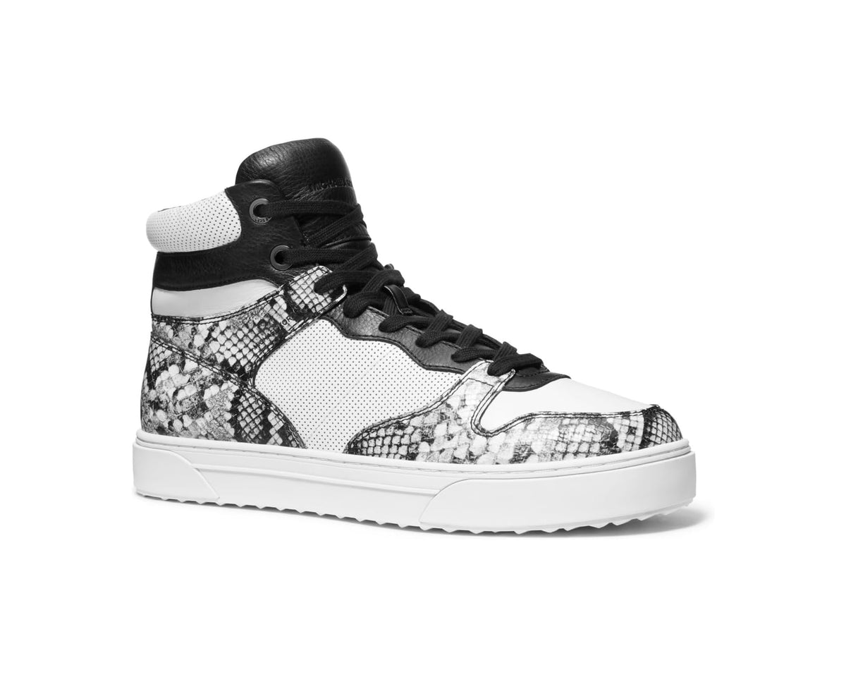 Men's high-top sneakers in optic white and black, with snake-print side panels.