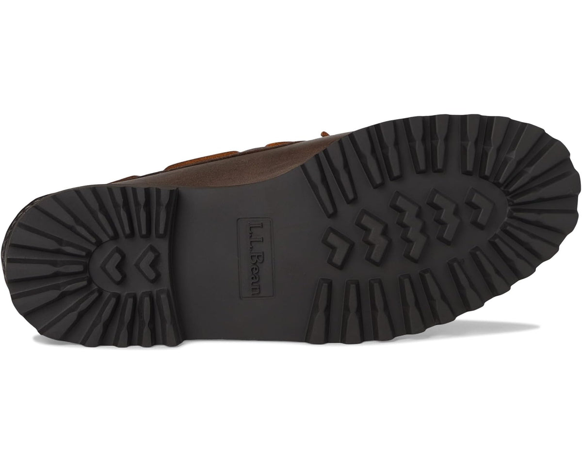 Dark leather boat shoe outsole with zigzag tread and L.L.Bean branding