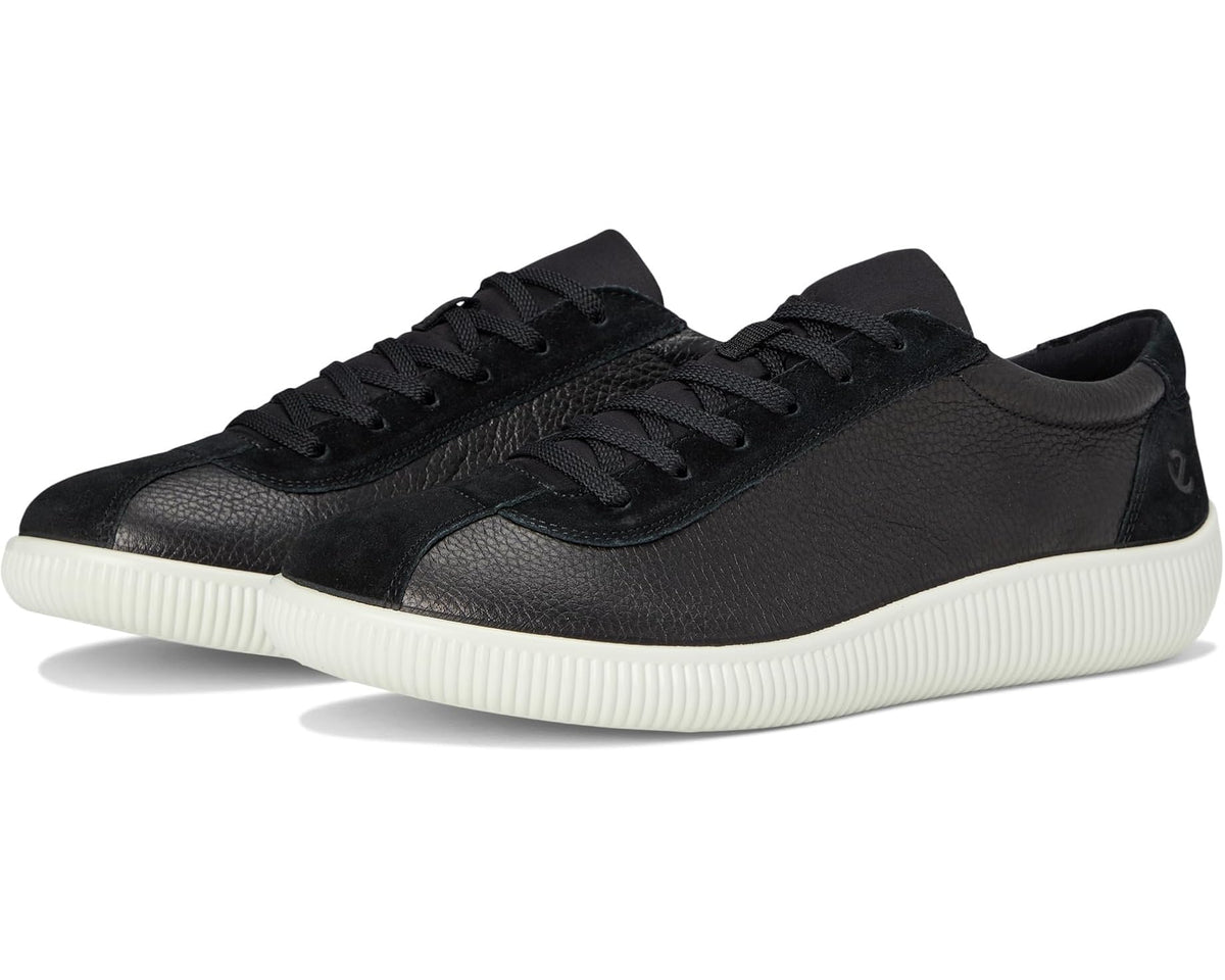 ECCO low-top sneakers with black leather upper and lace-up front, white ribbed sole