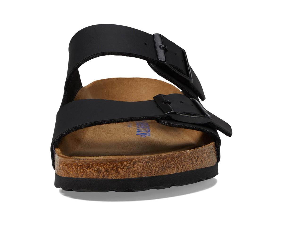 Black Birkenstock Arizona Soft Footbed slide sandals with two buckle straps