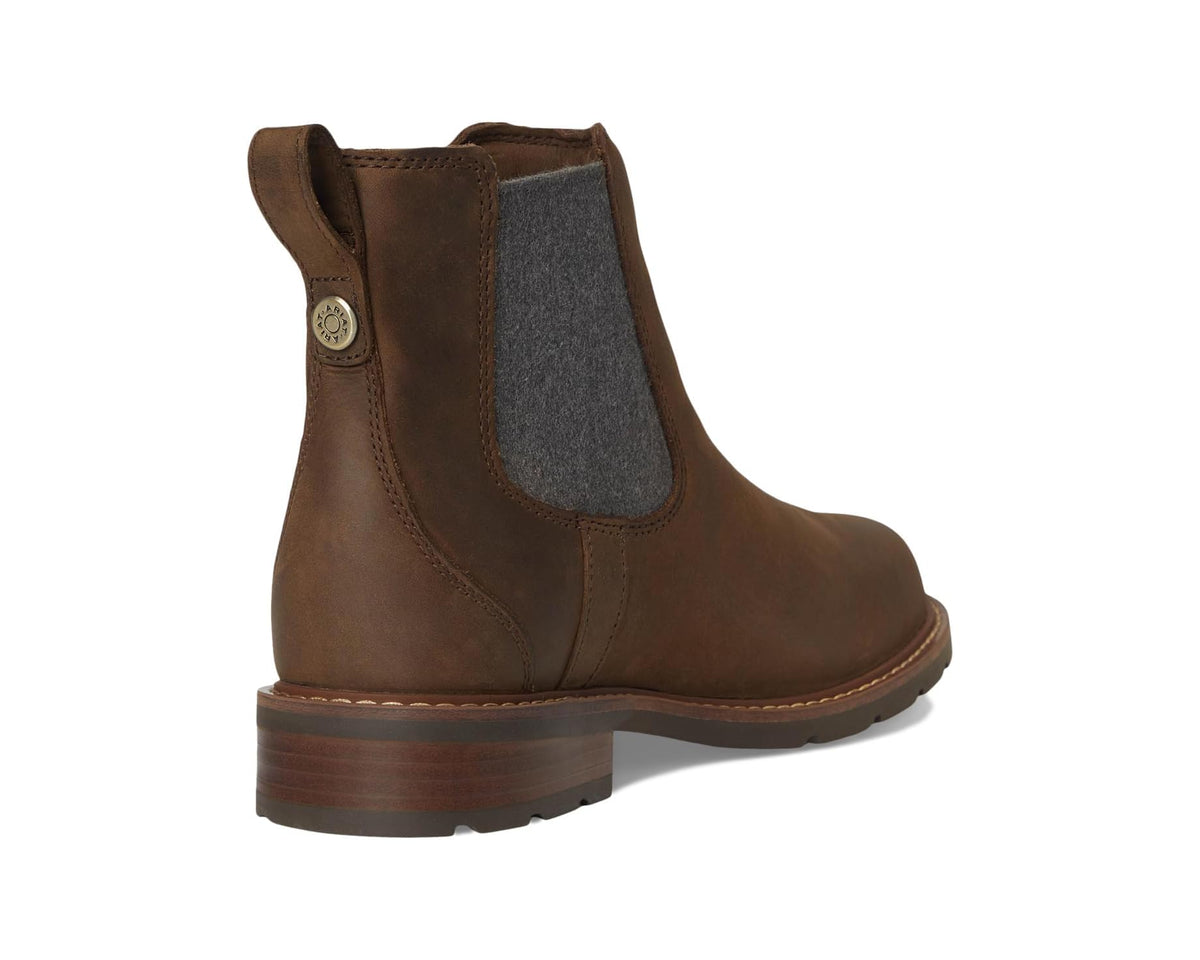 Palm brown leather Chelsea boot with gray elastic panel and low stacked heel
