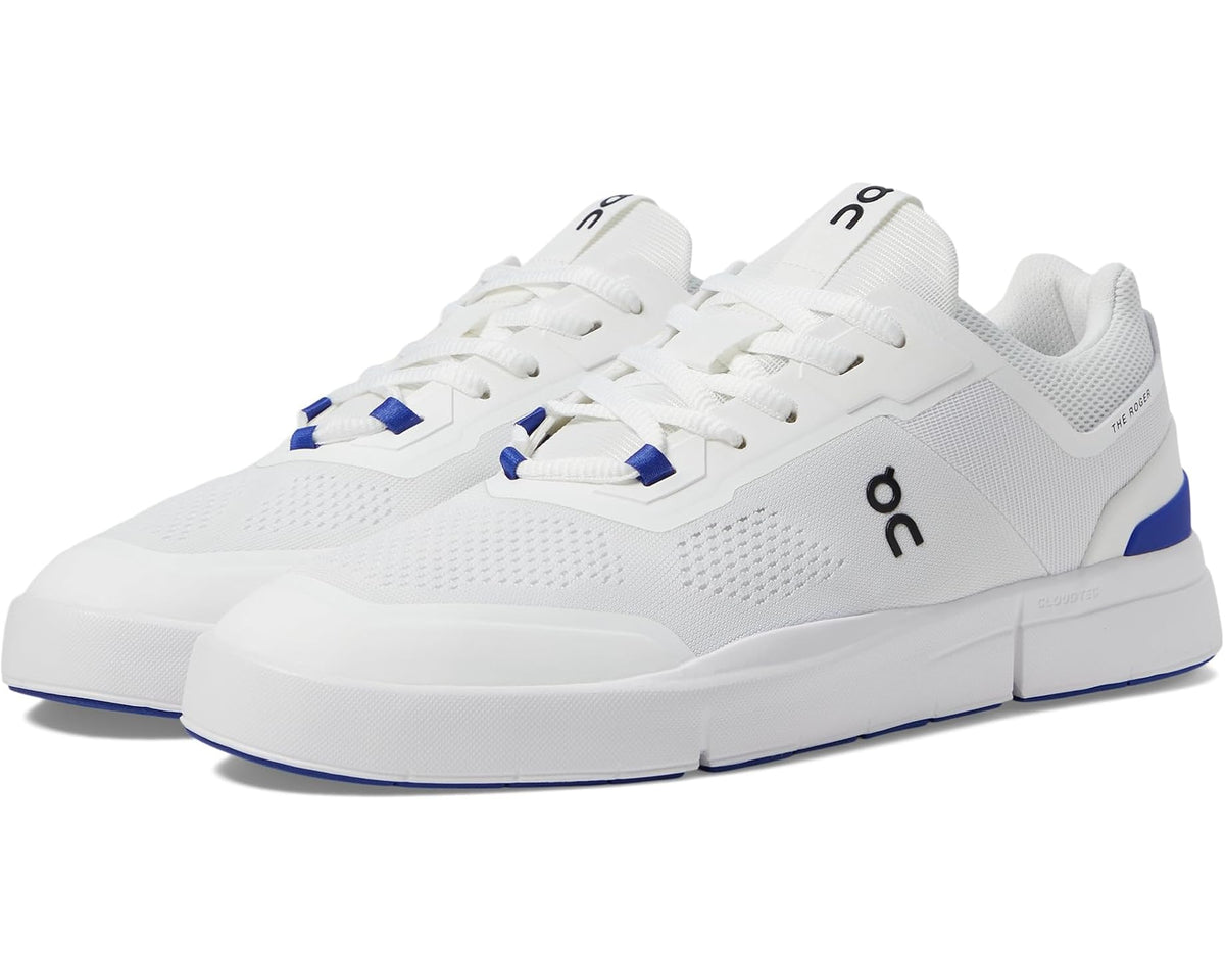 Men's white running shoes with blue accents and lace-up design