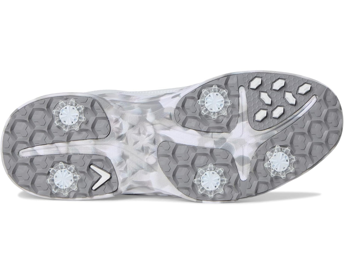 Men's white and grey golf shoe outsole with multi-stud traction and circular grip details