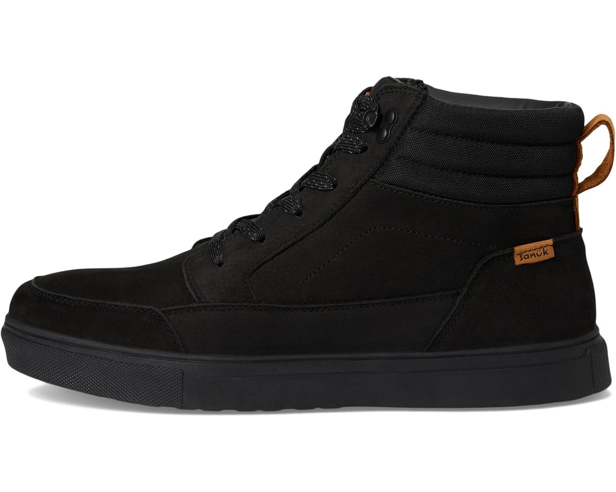 Sanuk black high-top lace-up shoe with tan label patch on side