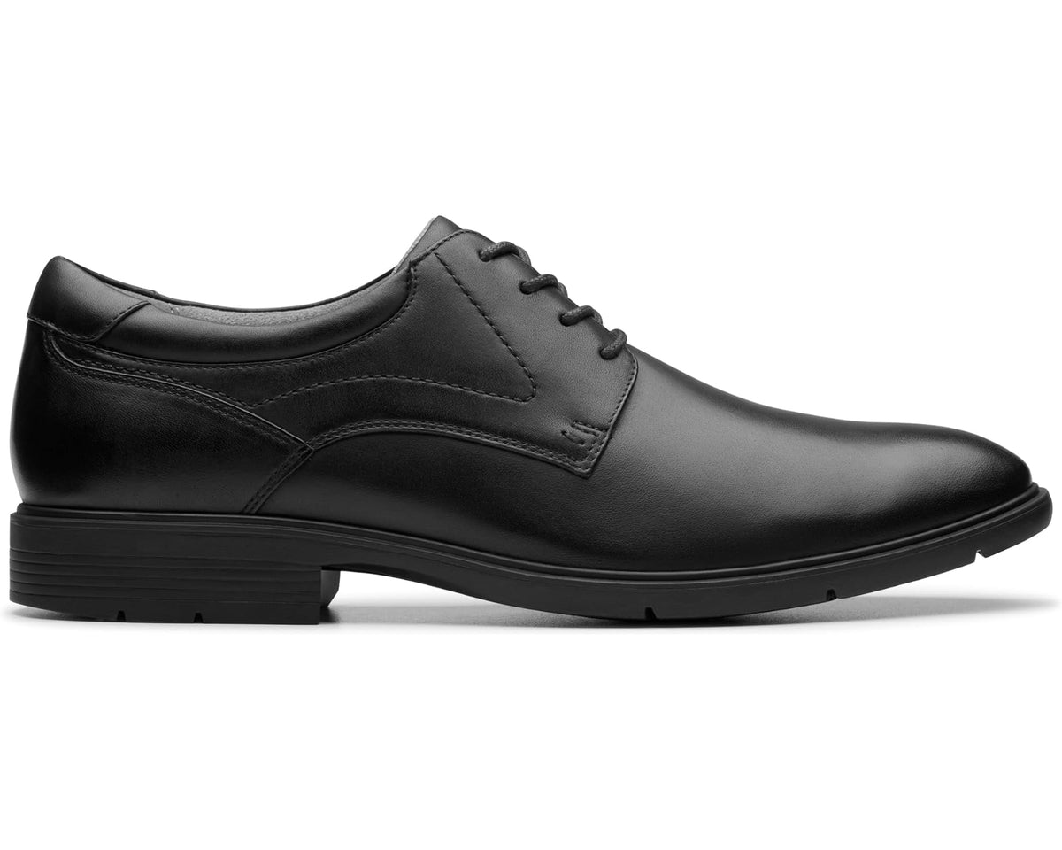 Men's black leather lace-up oxford shoes, side profile with smooth finish