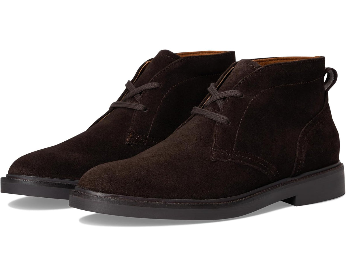 Men's dark brown suede lace-up chukka boots with pull tab and rubber sole