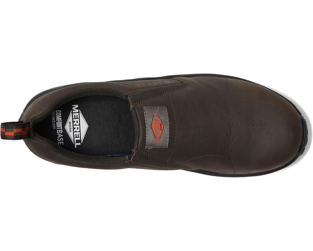 Men's Merrell work moc leather slip-on shoe, dark espresso, side logo and Merrell lining