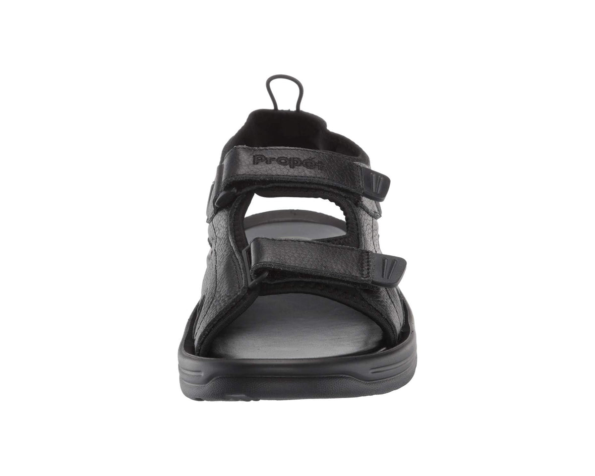 Men's black leather sandal front view with toe opening and Propet-branded strap