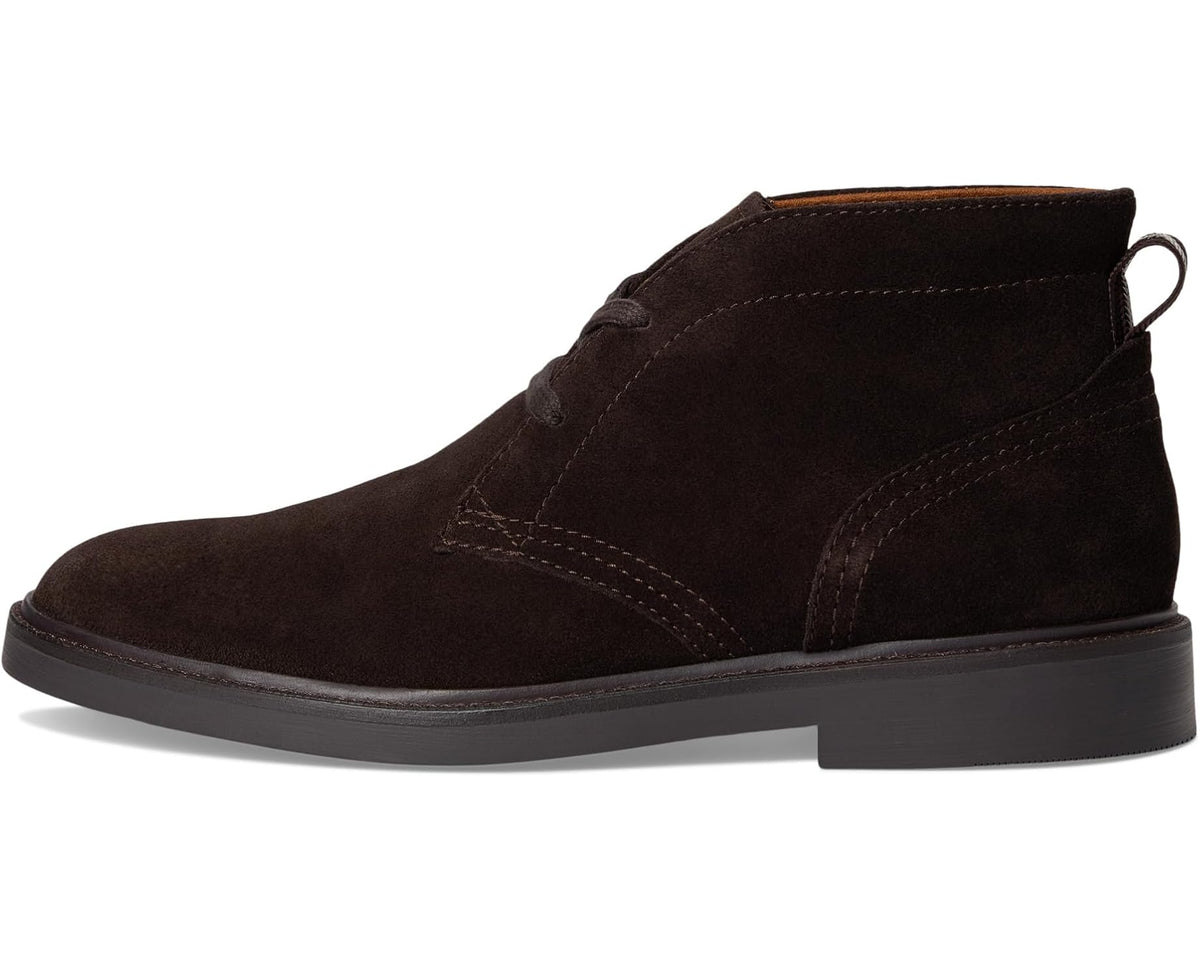 Men's dark brown suede lace-up chukka boot with side seam and pull tab