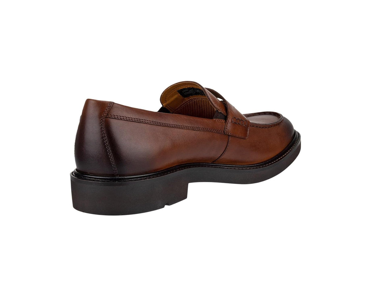 Men's cognac leather penny loafer heel view with apron stitching and black outsole