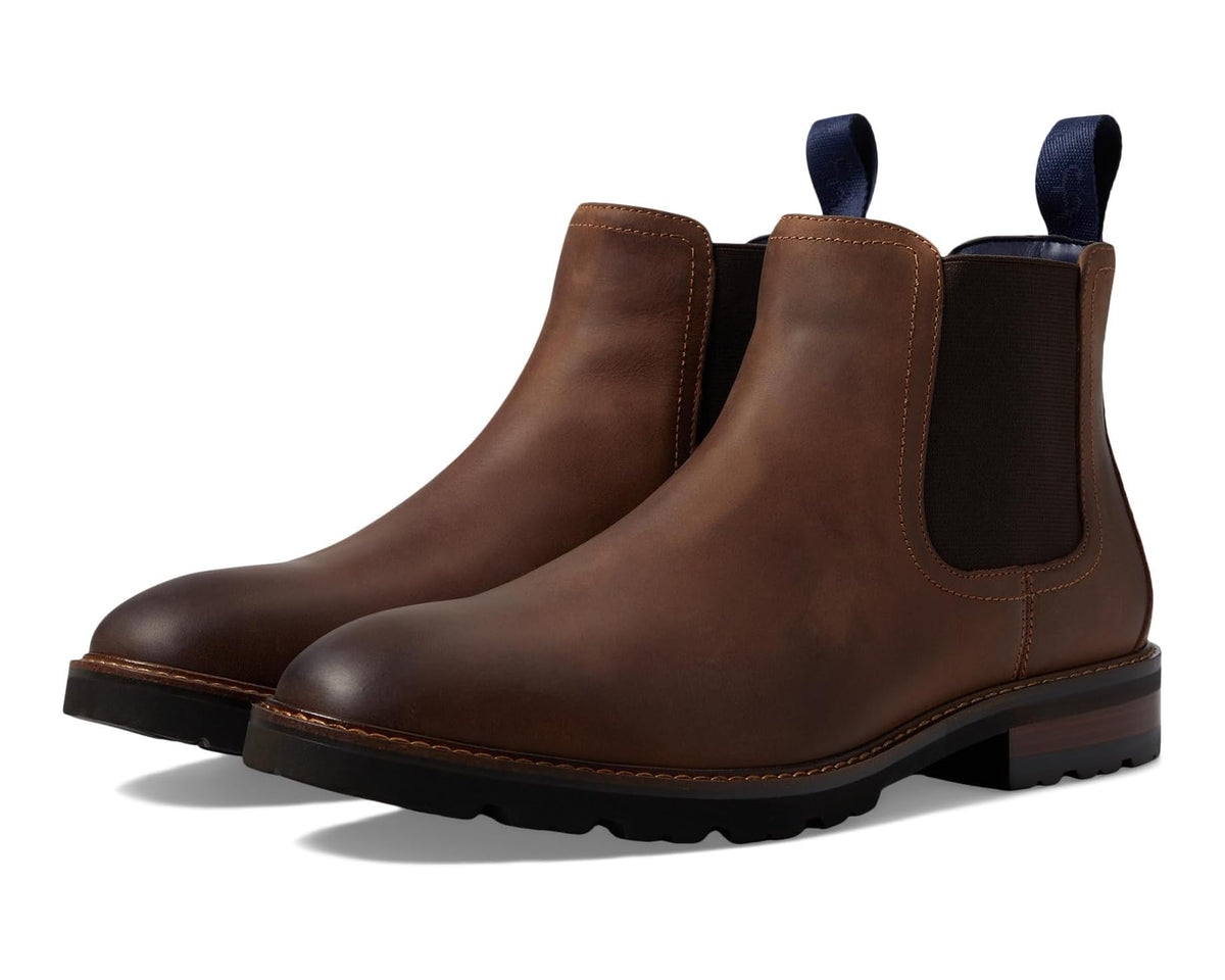 Men's brown leather gore chelsea boot, plain toe, elastic sides, pull tab