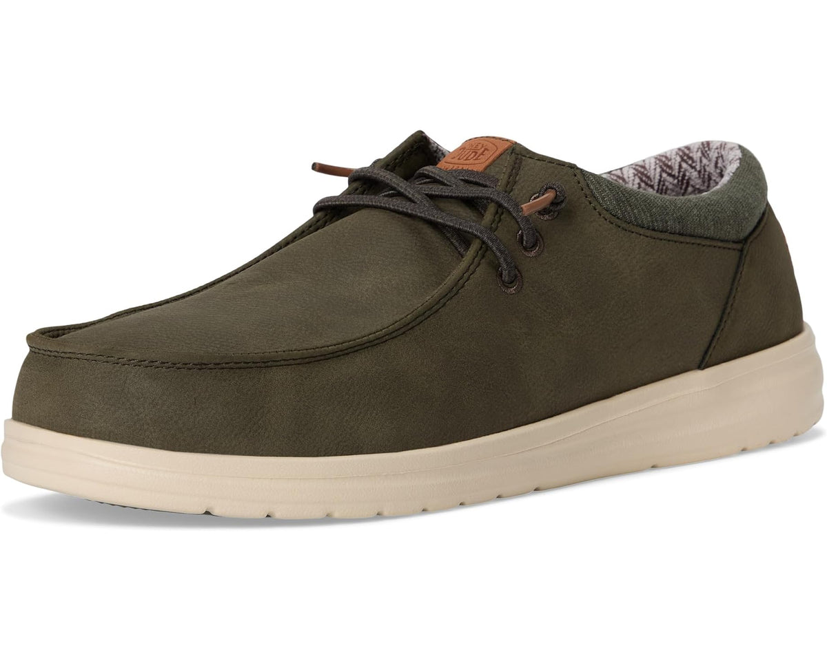 Olive lace-up casual shoes, side view, cushioned collar and beige outsole