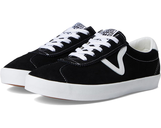 Unisex black low-top lace-up sneakers with white V stripe and white rubber sole