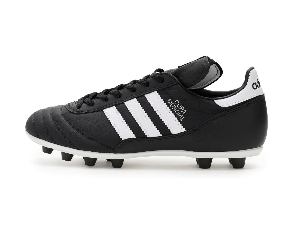 Black adidas firm-ground cleat with white stripes, lace-up front and cushioned collar