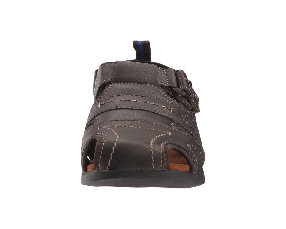 Dark brown closed-toe fisherman sandal back view with padded heel strap and stitching