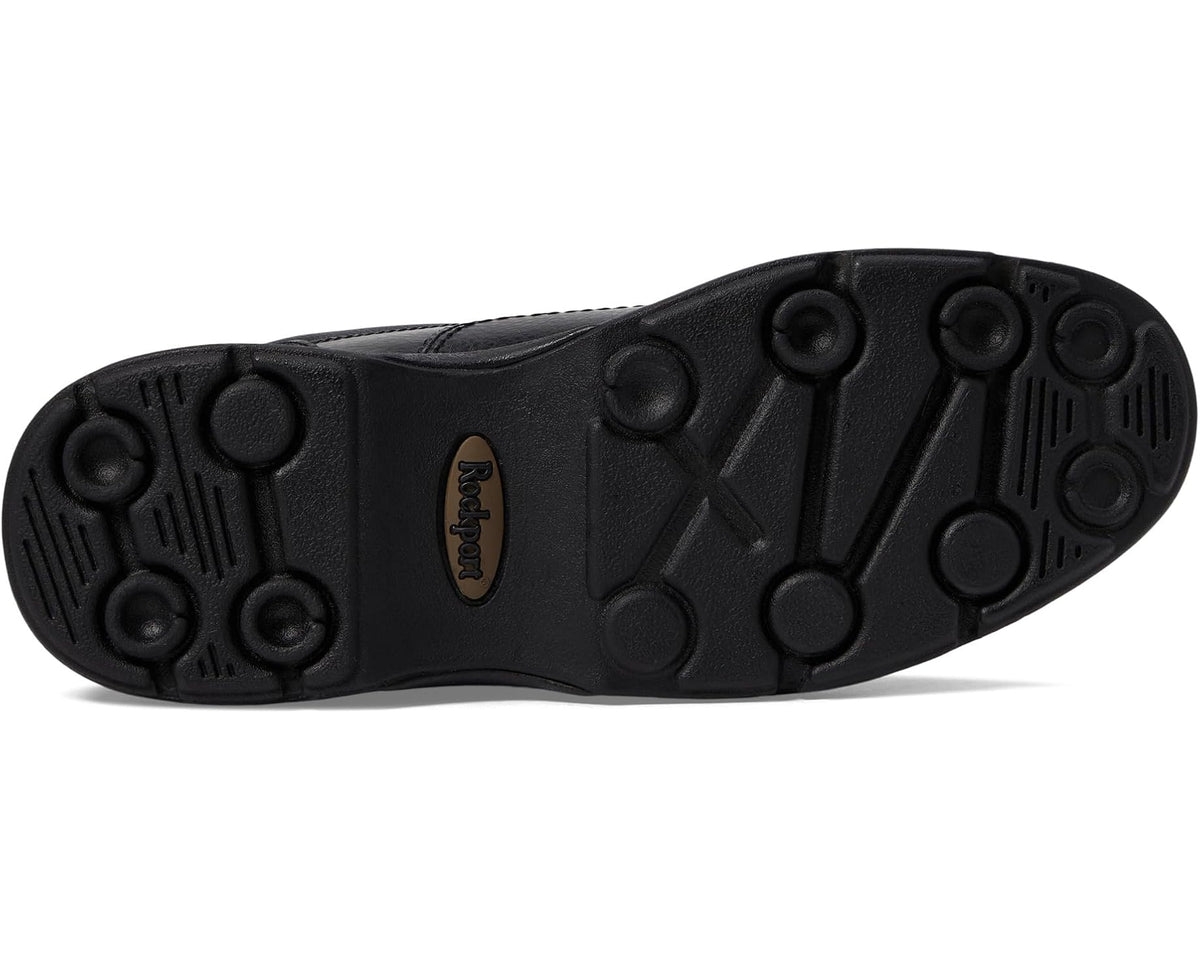 Black rubber outsole with circular tread and Rockport logo