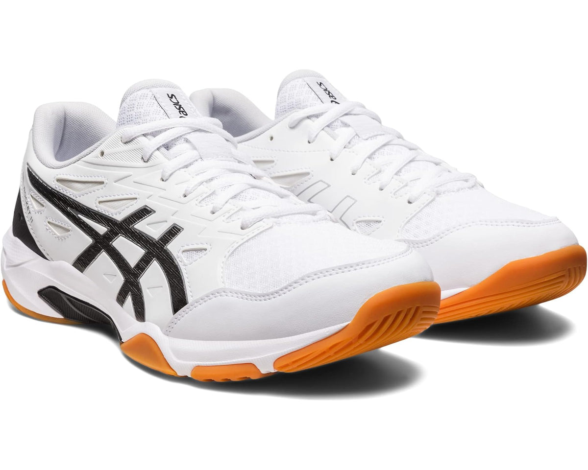 Men's ASICS volleyball shoe, white with black stripes and orange outsole, side view