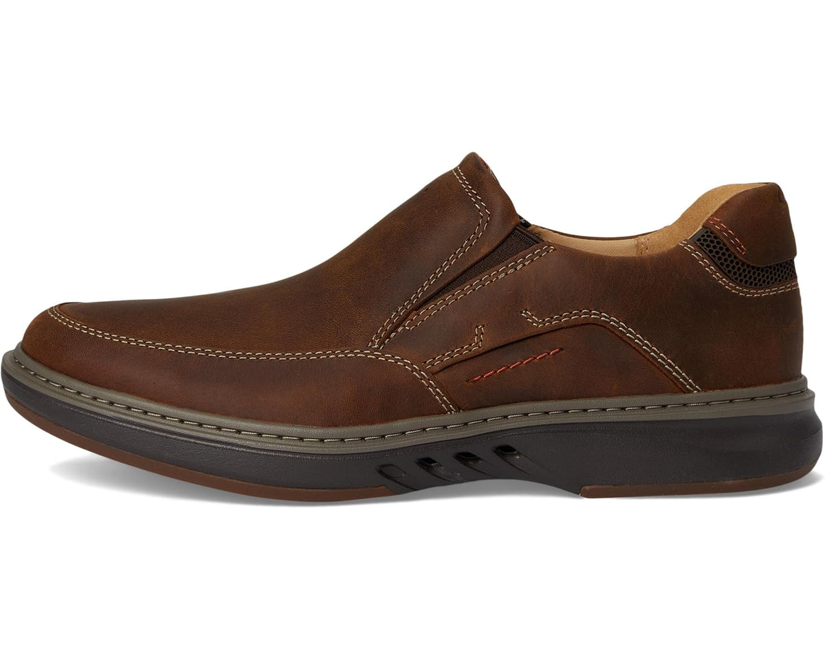 Men's brown leather slip-on loafer, side profile with elastic gore