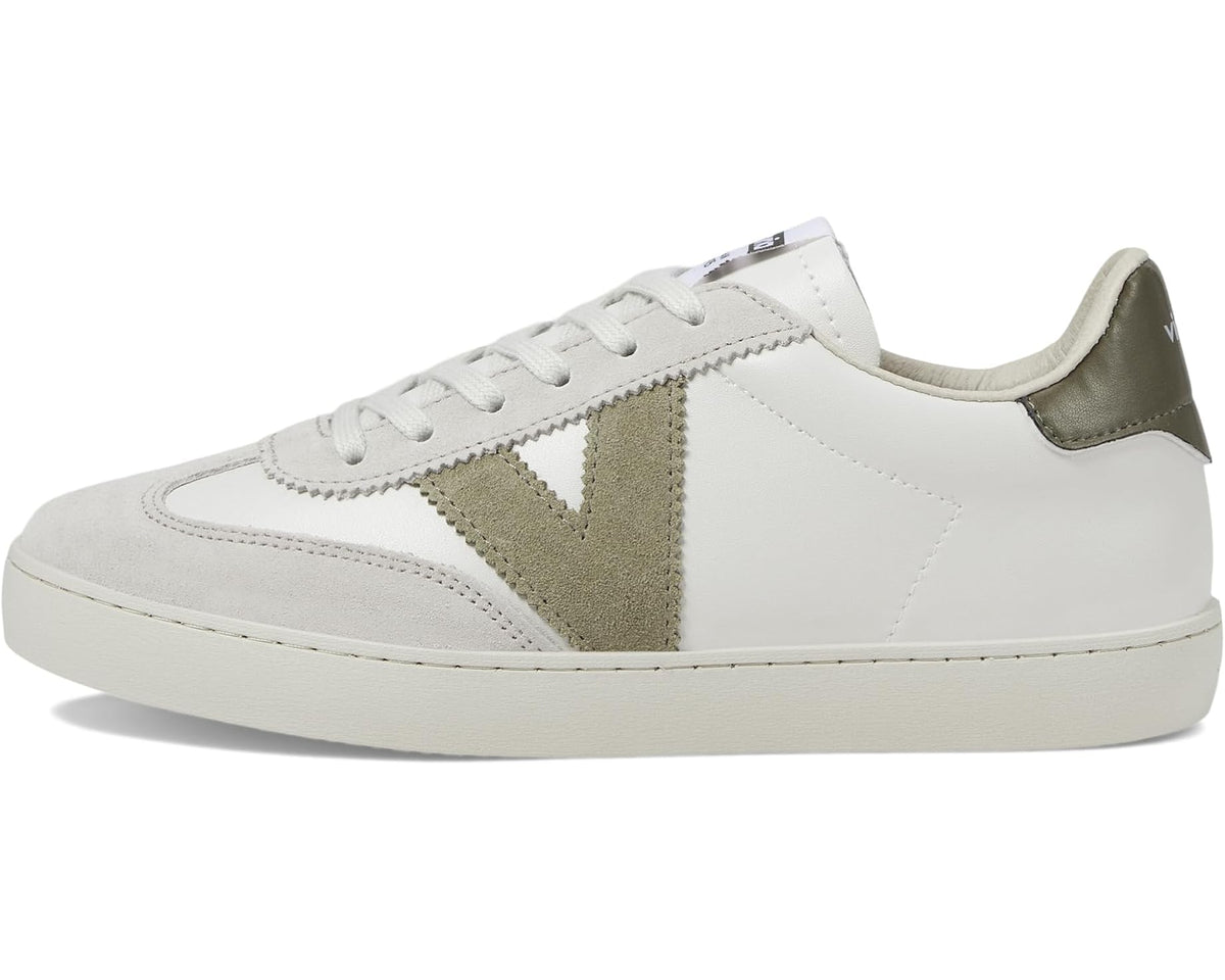Unisex white low-top sneakers with olive triangle suede overlay and stitched toe cap
