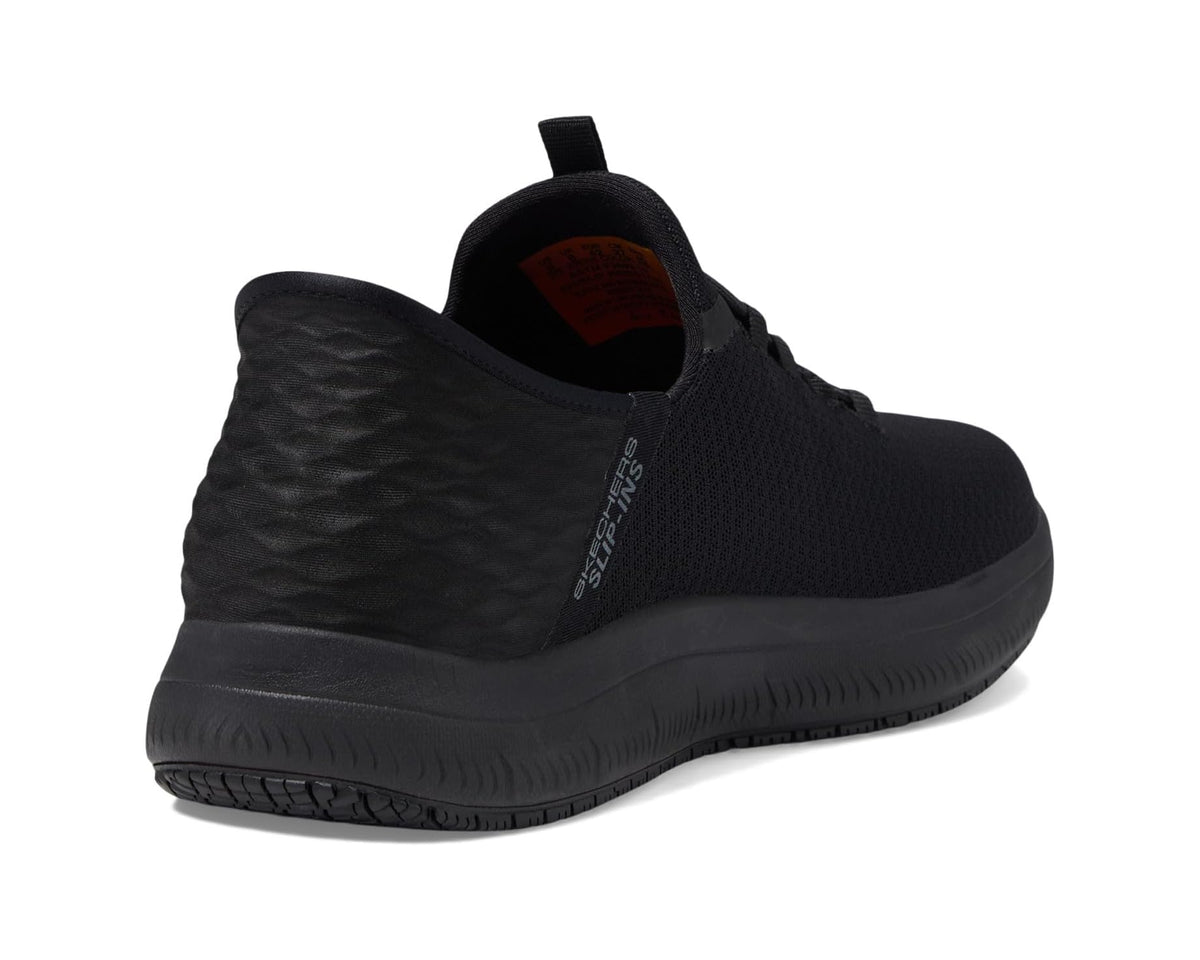 Men's black work sneaker heel and side view with textured upper and pull tab