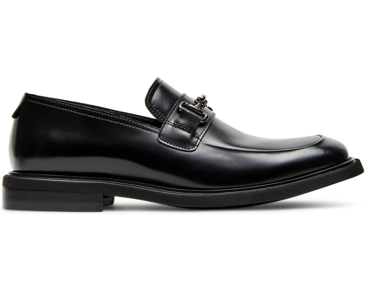Men's black leather loafer with buckle strap and smooth low-profile upper