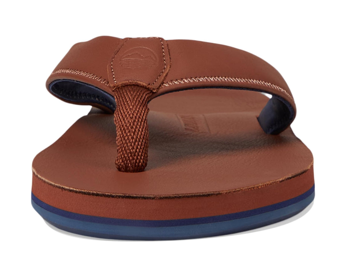 Men's cask brown flip-flops close-up with rope thong, stitched straps, blue sole