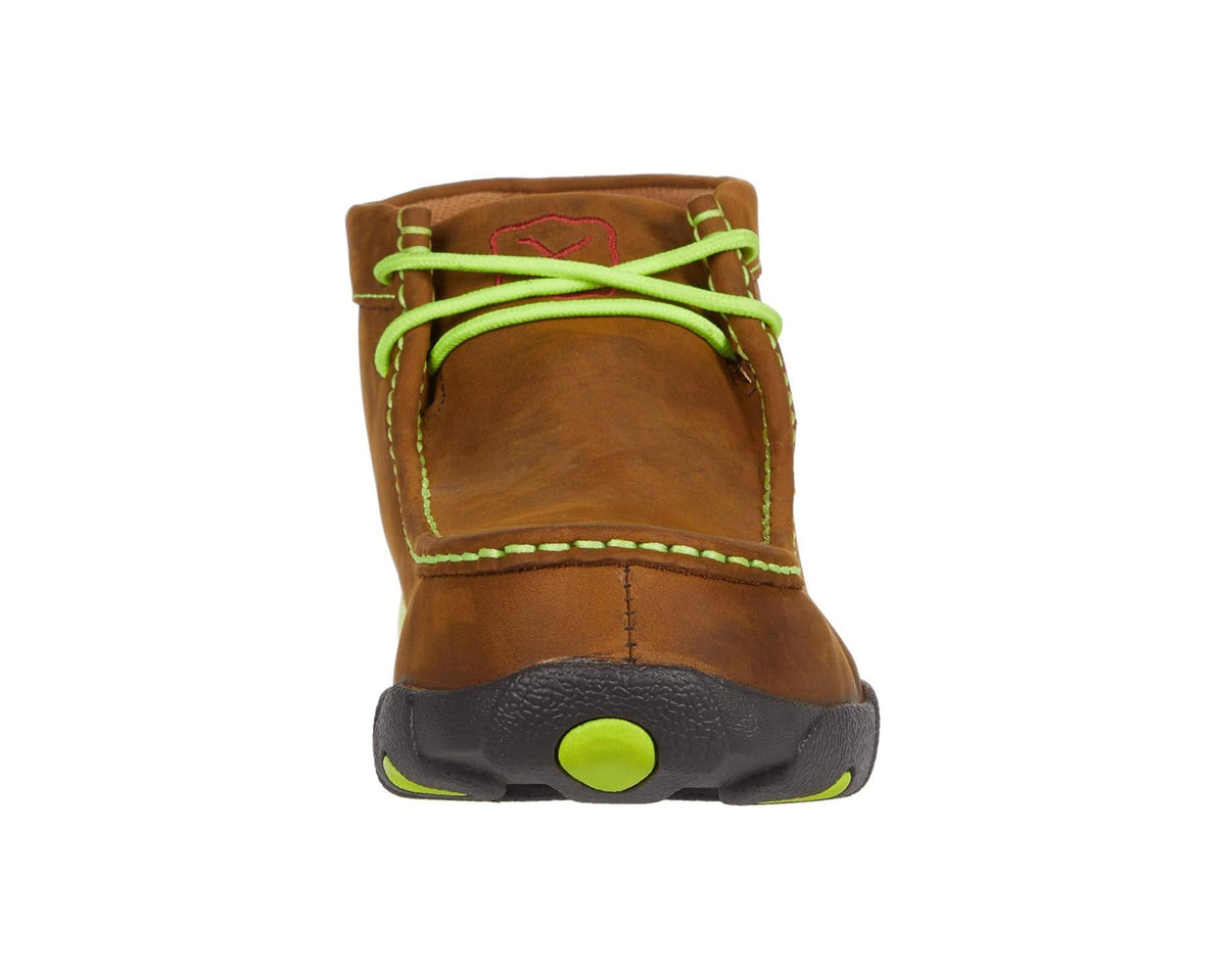 Men's work boots back view with brown suede and neon green lace hardware