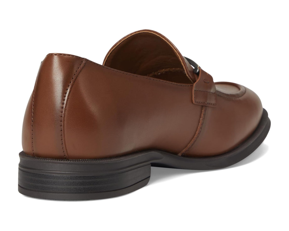Brown leather loafer back view with padded collar and low stacked heel