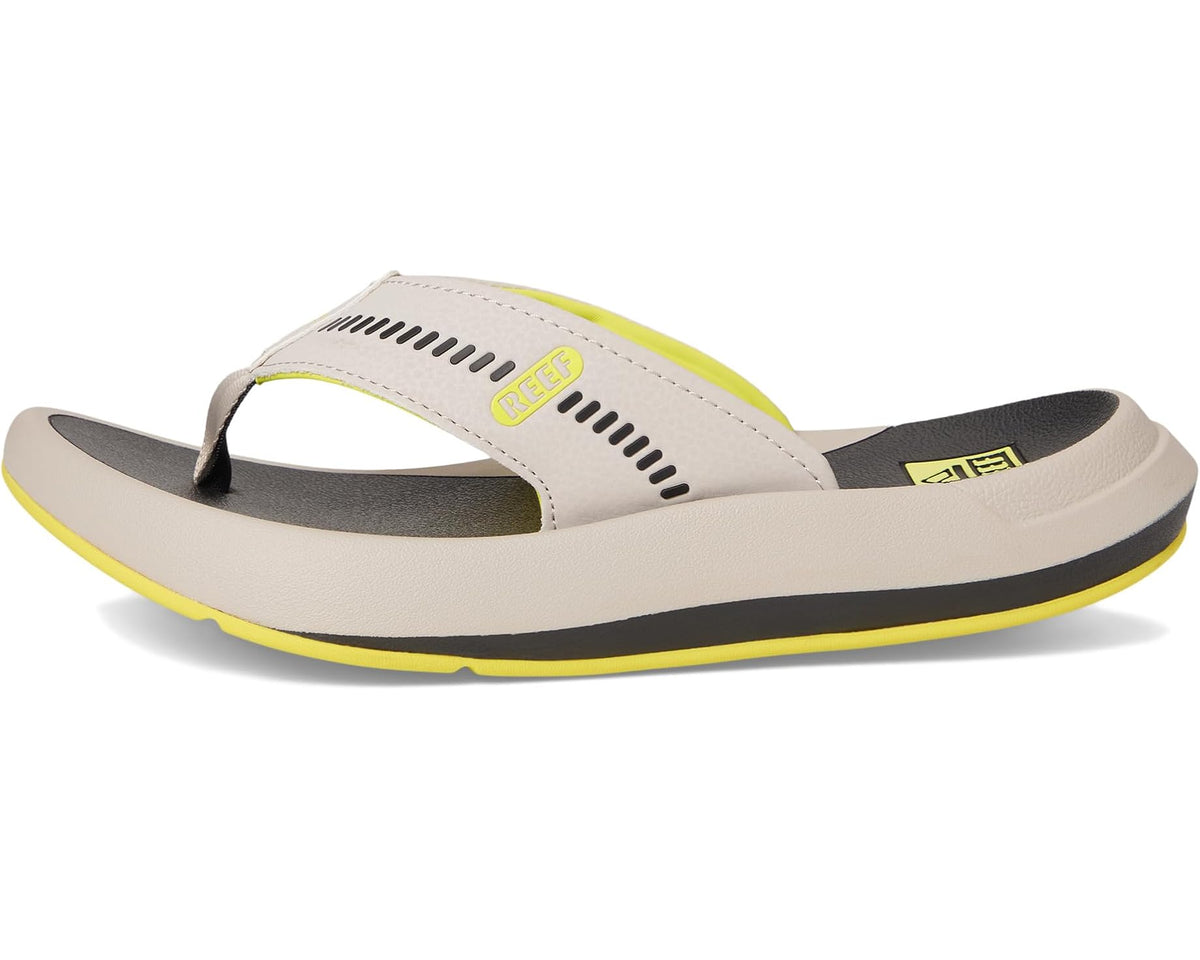 Men's Reef slide sandals in light gray with lime piping and black heel insert