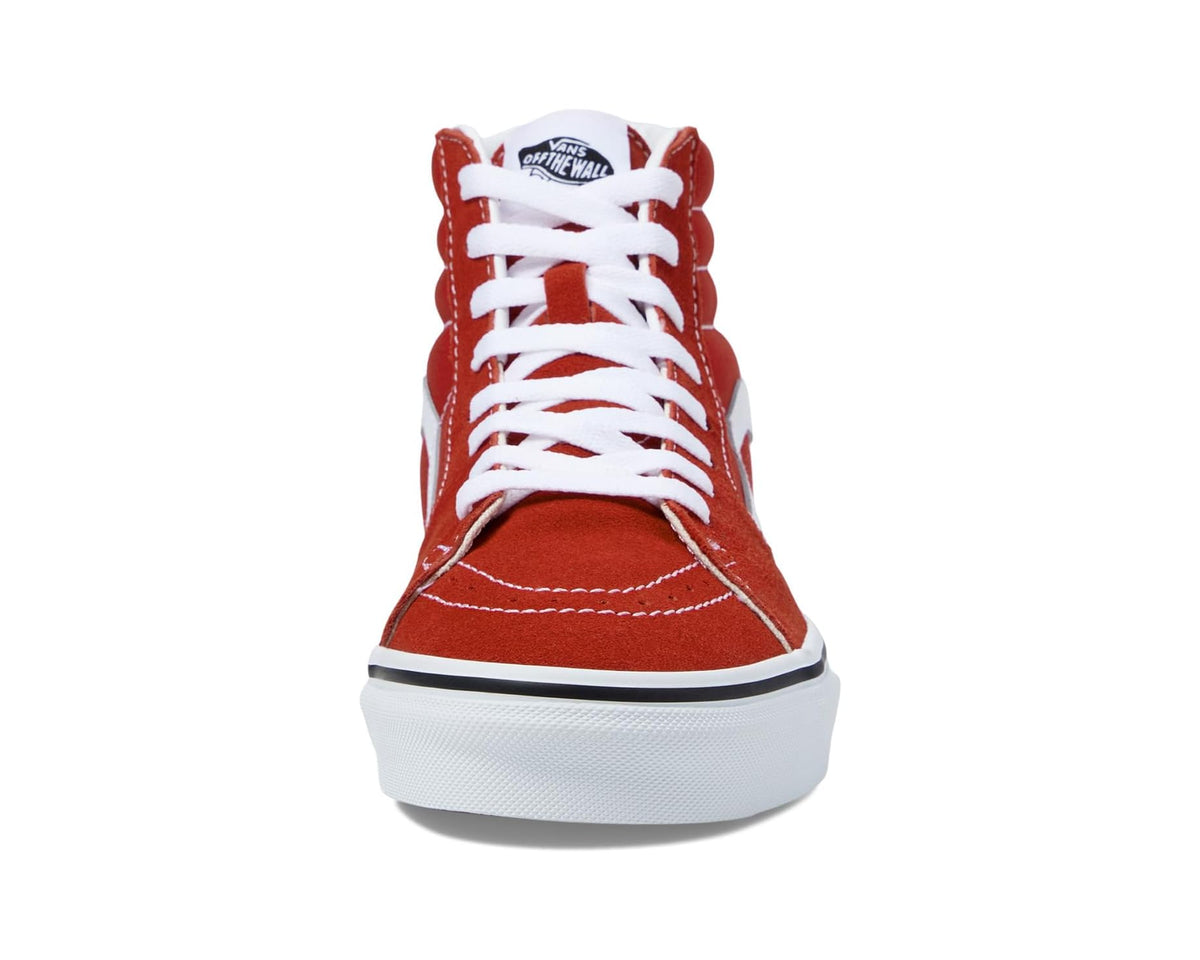 Red high-top sneaker front view with white laces and white rubber toe cap