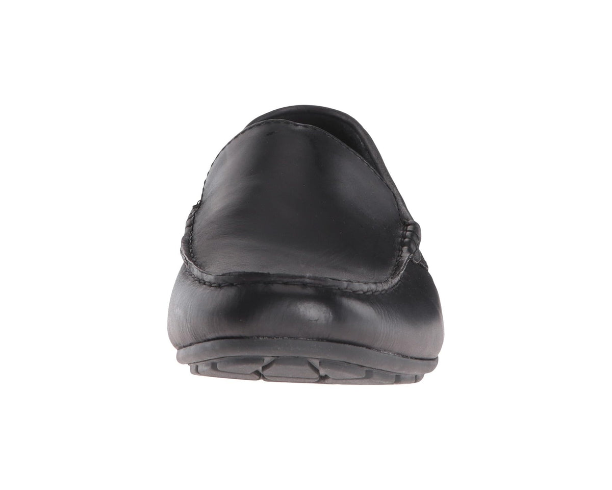 Men's black leather loafer back view with seam stitching and treaded sole
