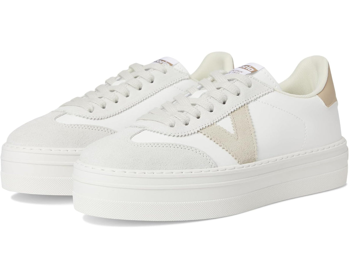 Unisex low-top sneakers, white leather with beige suede panels and lace-up front