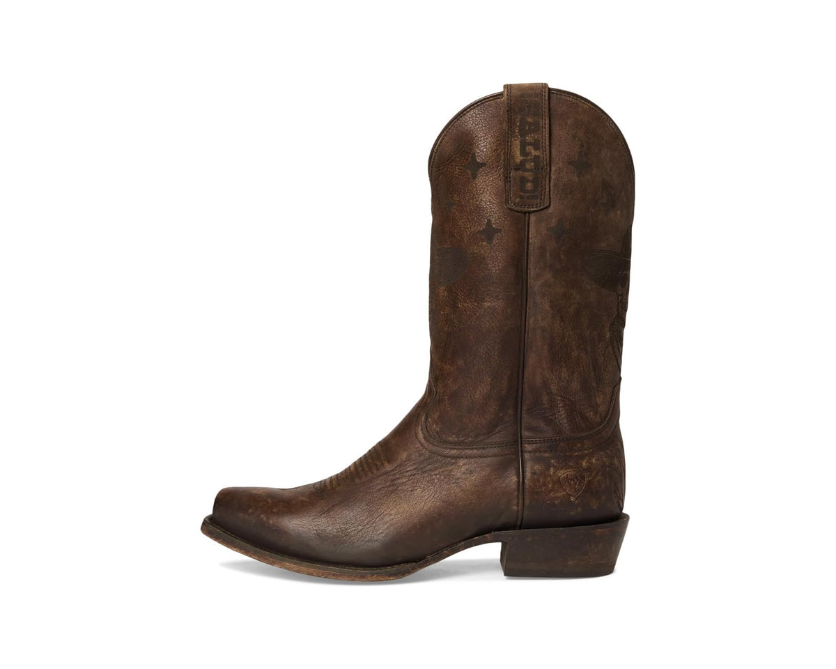 Men's Ariat stonewashed brown western boots, side view with low heel