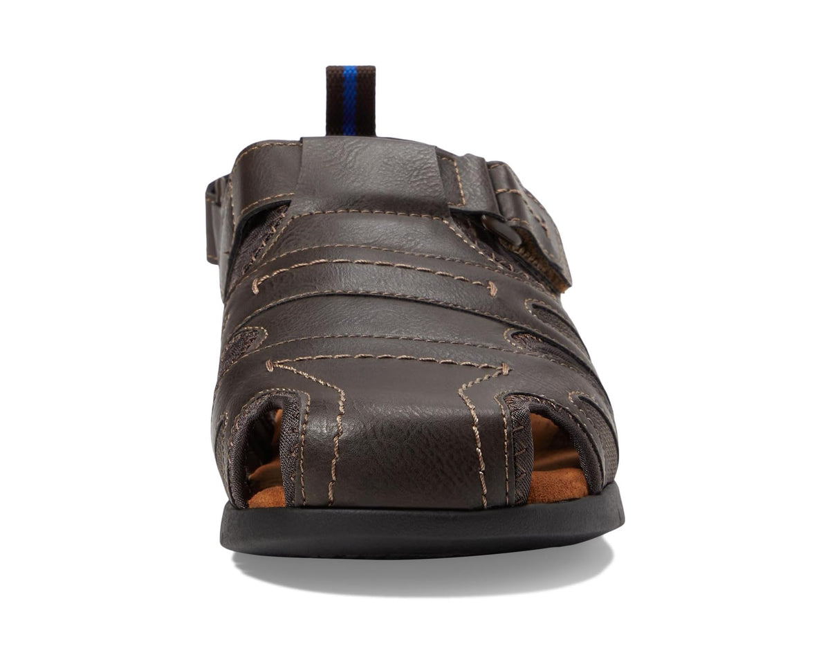 Dark brown closed-toe fisherman sandal with stitched straps and open side cutouts