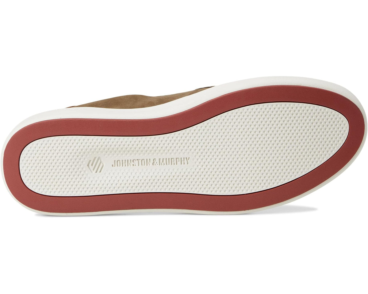 White outsole with red sidewall trim and textured traction for slip-on moc-toe shoe