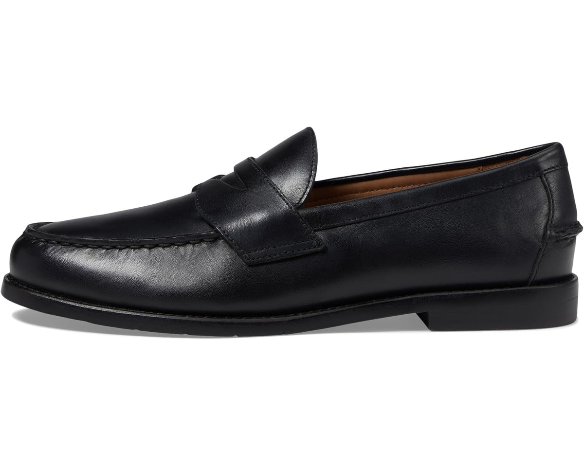Black leather penny loafer, penny strap detail and low-profile sole
