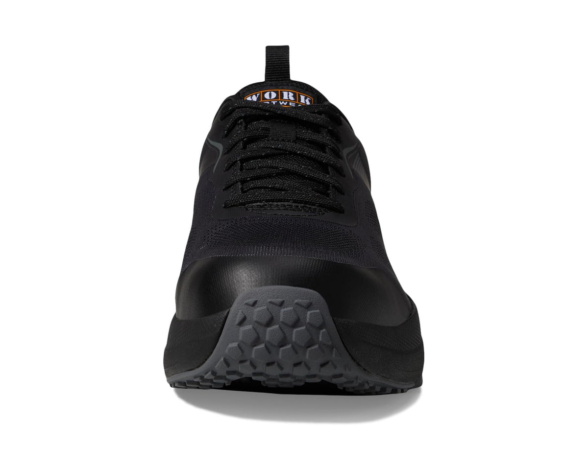Men's SKECHERS black work shoe, toe and laces view with composite toe cap