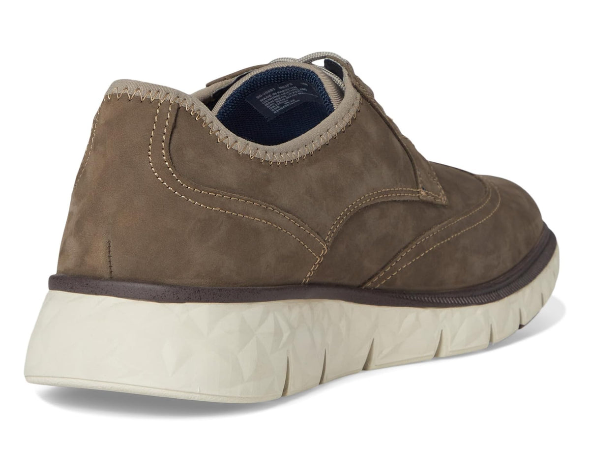 Men's taupe suede lace-up sneaker heel view with white cushioned platform sole
