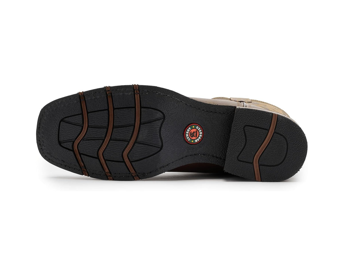 Brown cowboy boots with black treaded rubber outsole and stitched welt