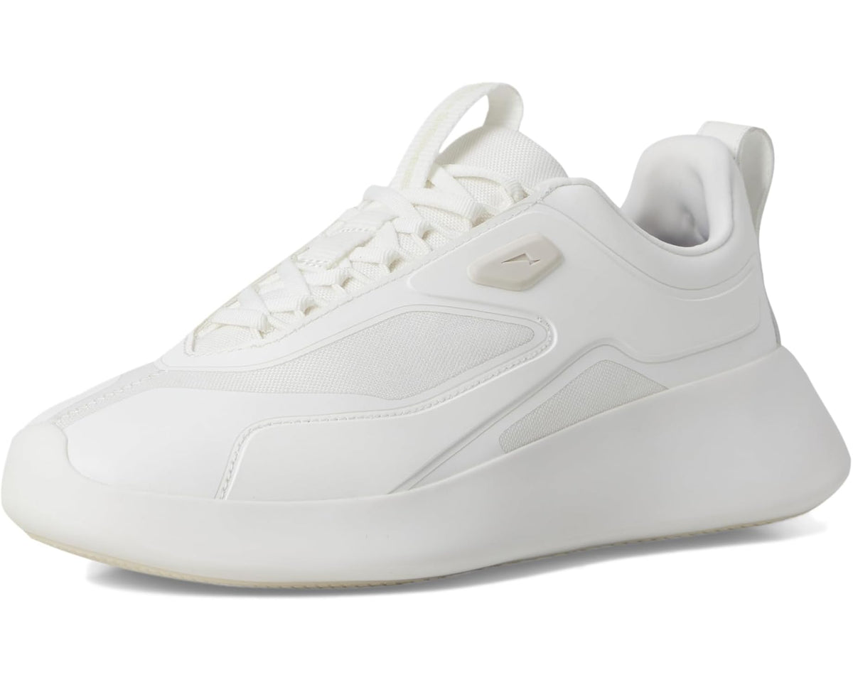 Unisex white sport sneakers, angled front view with sporty stripe detailing