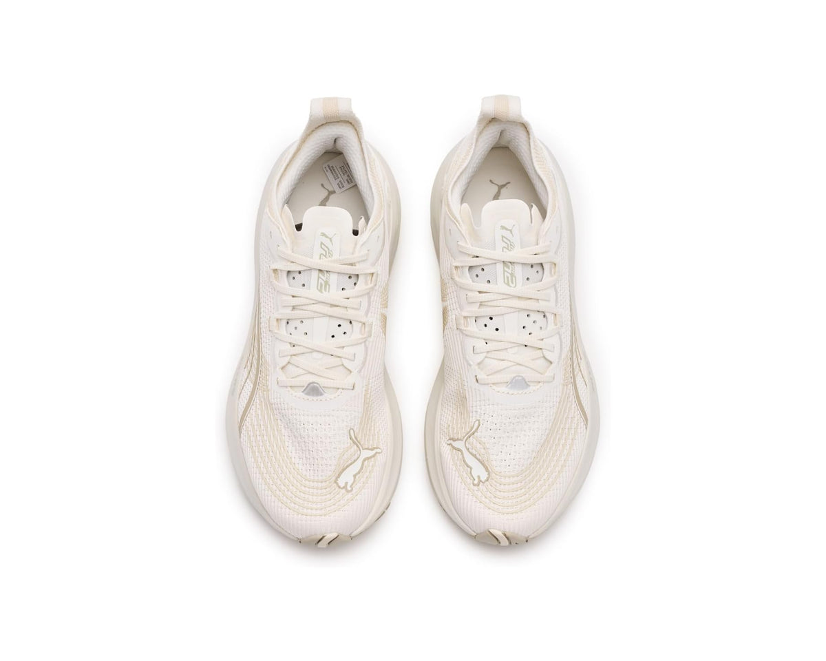 Pair of off-white running shoes, front view with lace-up closure and padded tongue