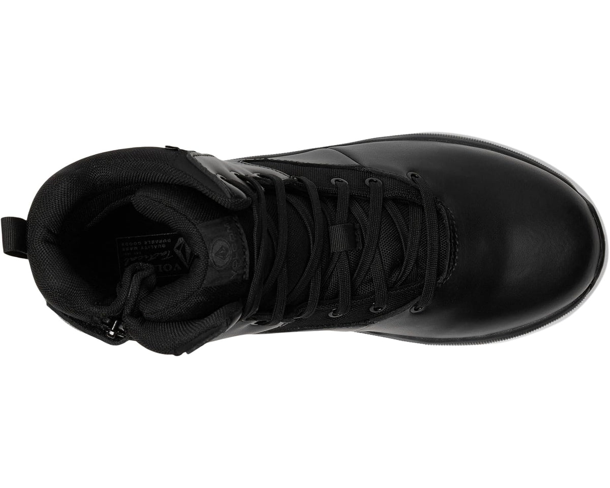 Black mid-calf waterproof boots with lace-up, padded collar, and supportive upper