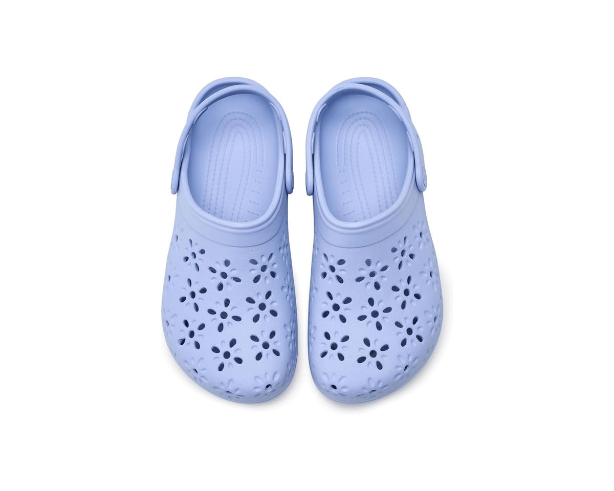 Blue Haze Crocs clogs with floral cut-out pattern, shown from top with two shoes