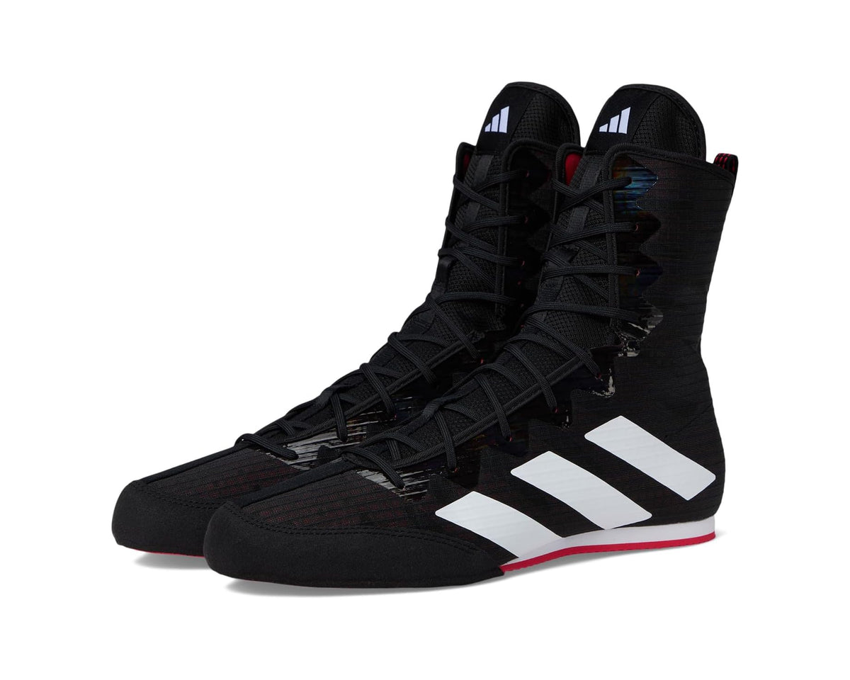 Unisex adidas high-top basketball shoe in black, with white stripes and red outsole